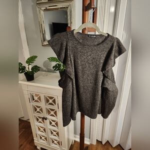 Zara Cold Shoulder Ruffle Sleeve Lightweight Sweater Grey